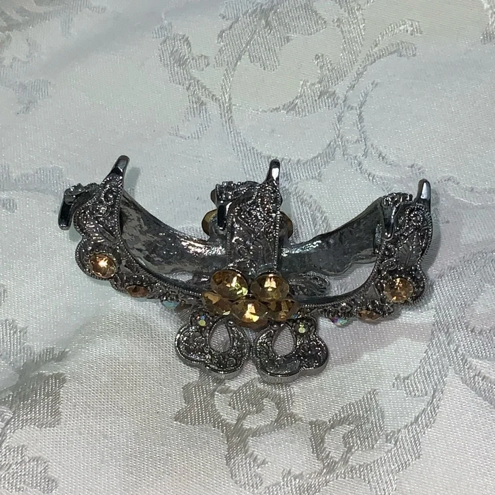 Silver Ornate Golden Yellow Bejeweled Heavy Spring Sparkly 3” Hair Clip